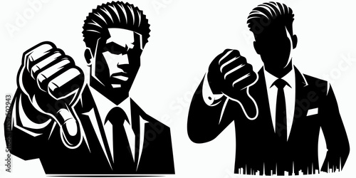 African American Business man Giving thumbs down. Marketing Commerce Corporate Entrepreneurship Startup Clipart Line Art Vector Illustration. Black male professional gesturing disapproval.