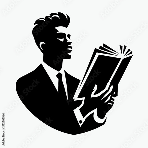 African American Business man Flipping pages. Marketing Commerce Corporate Entrepreneurship Startup Clipart Line Art Vector Illustration. Male of color executive glancing over sheet turning.