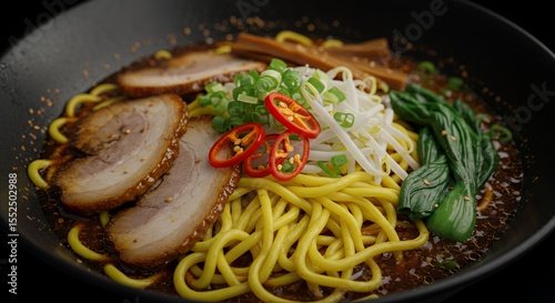 Indulge in this vibrant bowl of ramen, featuring succulent chashu pork, springy noodles, and a medley of fresh vegetables.