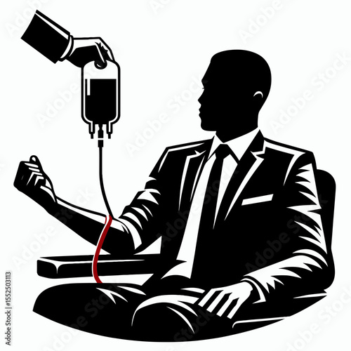 African American Business man donating blood. Marketing Commerce Corporate Entrepreneurship Startup Clipart Line Art Vector Illustration. Giving vital fluid black entrepreneur at charitable.