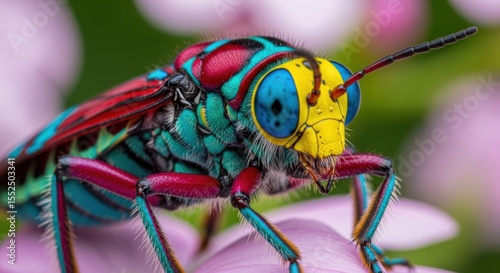 Extreme close-up of a vibrant insect with striking blue eyes and yellow face perched on a pink flower petal
