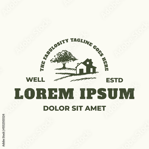 Aerial overview of farm field, rural landscape, countryside, agriculture field with old big tree and farmhouse vector hand drawn illustration vintage logotype