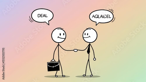 Stick figures shaking hands with speech bubbles reading DEAL and gibberish text against pastel background
