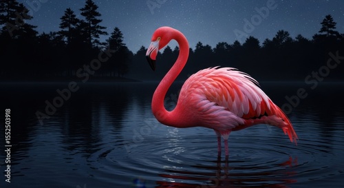 Elegant pink flamingo standing in calm water under a starry night sky