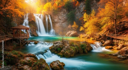 Enchanting Autumn Waterfall Amidst Vibrant Forest Scenery with Wooden Boardwalk