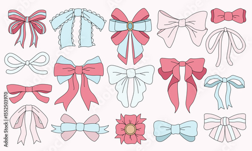Ribbon bows vector flat illustration bundle. Collection of pastel colors bow doodles. Set of ribbon drawings for design elements
