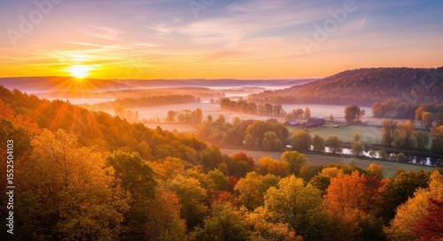Golden Sunrise Over Autumn Forest Valley and River Mist
