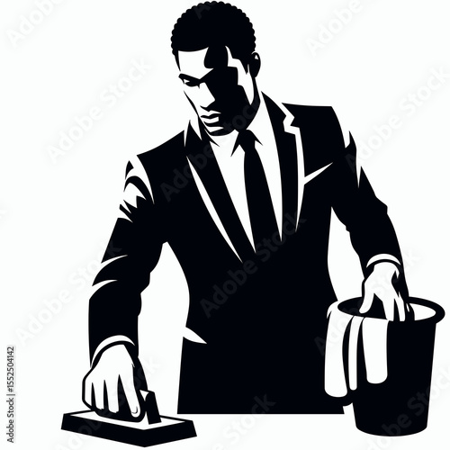 African American Business man cleaning room. Marketing Commerce Corporate Entrepreneurship Startup Clipart Line Art Vector Illustration. Employed afro guy doing housework tidying interior.