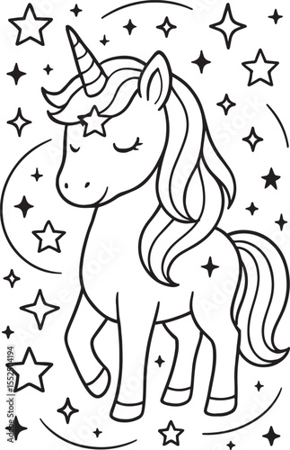 Magical Unicorn with Stars Coloring Page