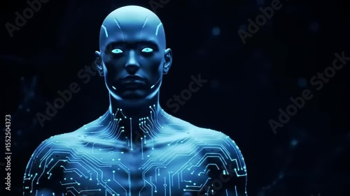 Futuristic humanoid figure with glowing circuitry against a dark tech-inspired background