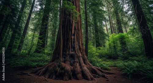 Majestic ancient redwood forest with sunlight filtering through tall trees