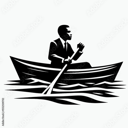 African American Business man boating river. Marketing Commerce Corporate Entrepreneurship Startup Clipart Line Art Vector Illustration. entrepreneur sailing waterway leadership and outdoor.