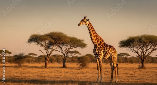 Majestic Giraffe Stands Tall Amidst African Savannah Trees at Sunset