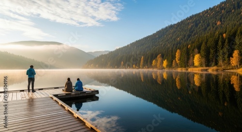 Three friends enjoying a peaceful morning by a calm lake surrounded by autumn trees and mountains with mist rolling in