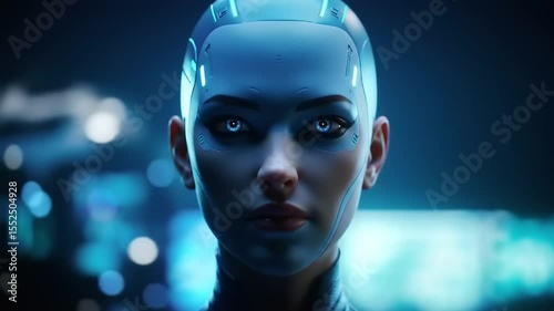 Futuristic humanoid robot with glowing features stands in a tech-filled environment, showcasing advanced AI