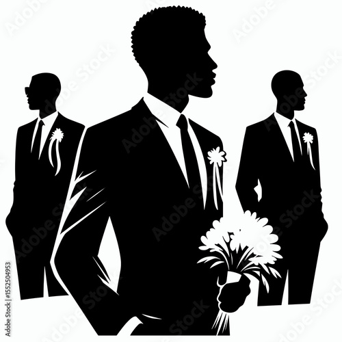 African American Business man attending wedding. Marketing Commerce Corporate Entrepreneurship Startup Clipart Line Art Vector Illustration. Black professional at nuptial celebration male.