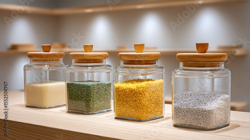 Plastic free, retail and startup, Four glass jars with wooden lids containing different grains and seeds displayed on a wooden shelf in a well-lit modern setting.