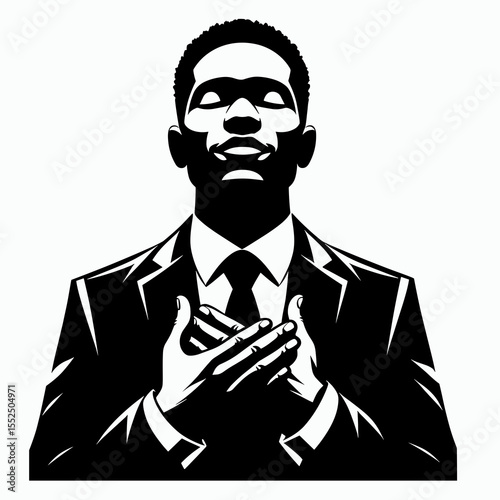 African American Business man being grateful. Marketing Commerce Corporate Entrepreneurship Startup Clipart Line Art Vector Illustration. Black entrepreneur feeling thankful appreciation.