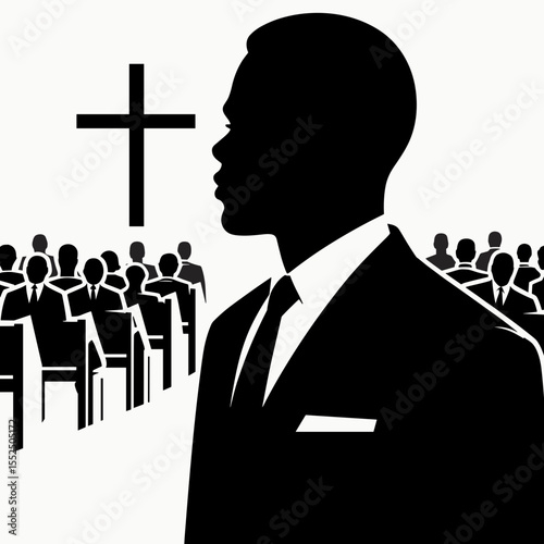 African American Business man attending church. Marketing Commerce Corporate Entrepreneurship Startup Clipart Line Art Vector Illustration. Black entrepreneur going to a worship service.