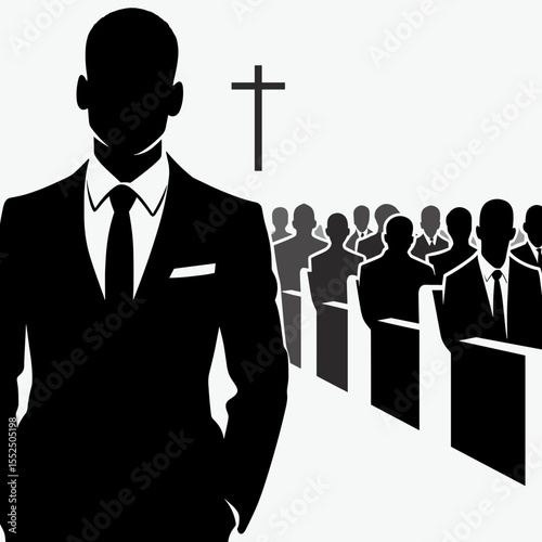 African American Business man attending church. Marketing Commerce Corporate Entrepreneurship Startup Clipart Line Art Vector Illustration. Black entrepreneur worship adult male at a place.