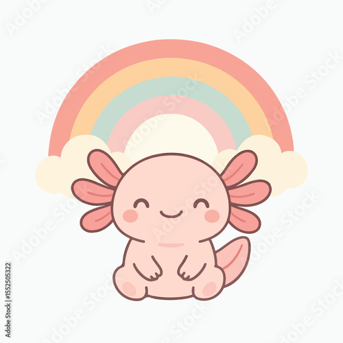 Smiling Axolotl Under a Rainbow: A delightful cartoon axolotl with a joyful expression sits contentedly beneath a pastel-colored rainbow, radiating cheer and cuteness