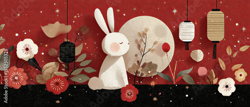 Flat style white rabbit and lantern retro holiday poster