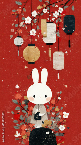 Flat style white rabbit and lantern retro holiday poster