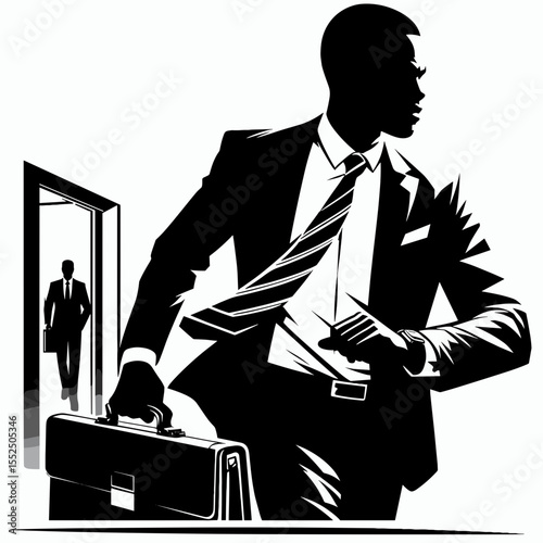 African American Business man arriving office. Marketing Commerce Corporate Entrepreneurship Startup Clipart Line Art Vector Illustration. Black entrepreneur reaching workplace starting.