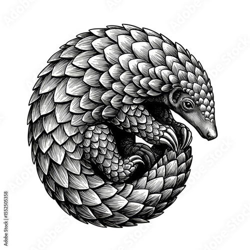 Illustration of a Rolled Up Pangolin With Scales Transparent Background