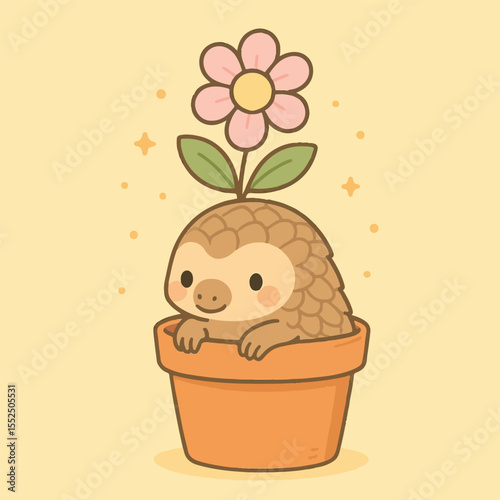 Pangolin's Blooming Surprise: A charming illustration of a pangolin emerging from a pot of soil, with a delicate flower blooming atop.
