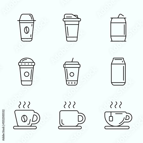 Minimalist outline icon set of various hot and cold drinks including coffee cups, takeaway cups, and soda cans. Perfect for café branding, menu design, or mobile app interfaces