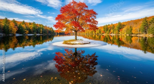 Vibrant Autumn Tree Stands Alone on a Tiny Island Reflected in Calm Water Under a Blue Sky