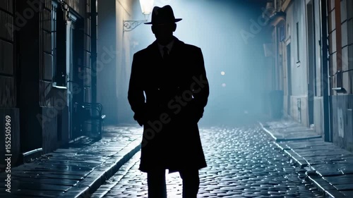 Mysterious figure walks alone down a dimly lit street