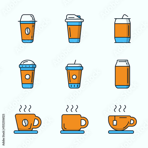 Colorful Coffee and Drink icon set of various hot and cold drinks including coffee cups, takeaway cups, and soda cans. Perfect for café branding, menu design, or mobile app interfaces