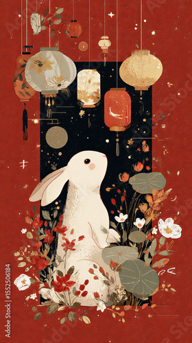 Flat style white rabbit and lantern retro holiday poster