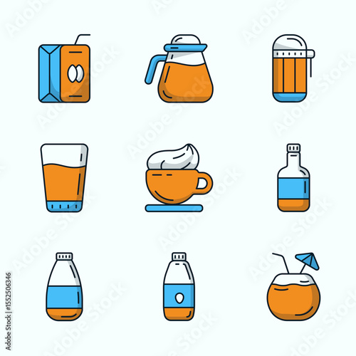 A clean set of colorful drink icons including juice box, coffee pot, French press, water glass, whipped coffee, bottles, and tropical coconut drink. Great for menus, food delivery apps, or branding