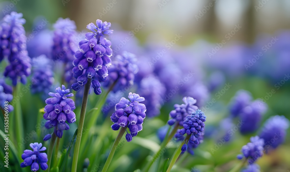 Obraz premium A field of purple muscari flowers, a close-up shot showcasing the vibrant blue and green hues of these spring blossoms. Generative AI