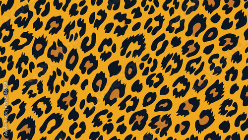 Seamless leopard print pattern with black and tan spots on orange background animal print