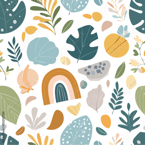 Boho rainbow and tropical leaves seamless pattern in muted earthy tones monstera palm leaf