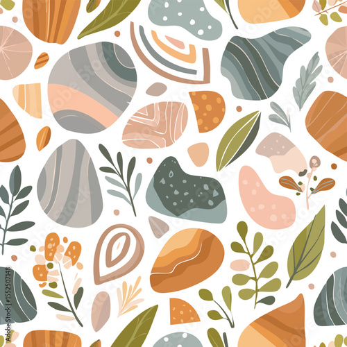 Abstract organic shapes and leaves in earthy tones seamless pattern vector
