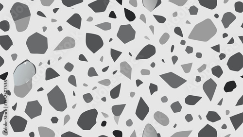 Monochromatic terrazzo pattern with irregular grey chips on light grey background texture