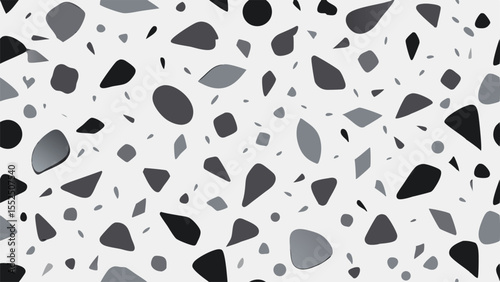 Monochromatic terrazzo pattern with irregular shapes and shades of gray background