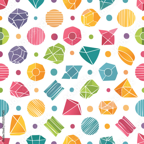Colorful geometric gemstones and circles seamless pattern on white background jewel