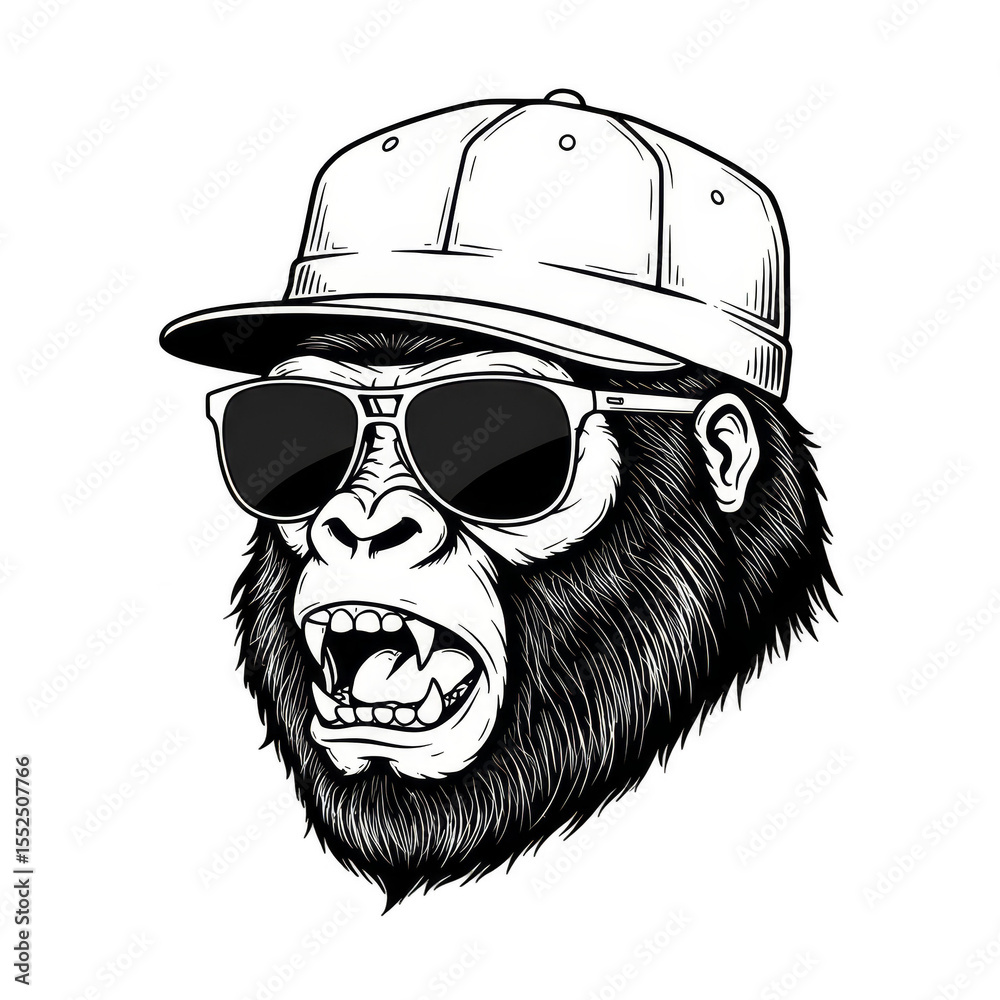 Fototapeta premium Illustration Of Gorilla Head Wearing Cap And Sunglasses In Black And White