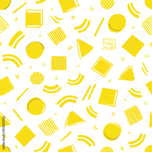 Yellow geometric shapes pattern on white background with hand drawn elements vector