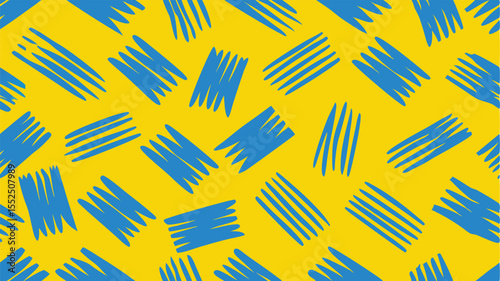 Seamless pattern of blue scribbled lines on a yellow background abstract brush stroke