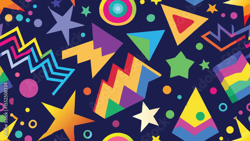 Colorful geometric shapes and stars on a dark blue background abstract