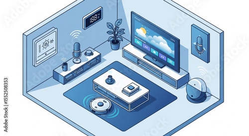 Isometric illustration of a smart home interior showcasing various connected devices and automation.