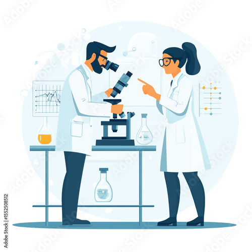 Two scientists in a lab, one using a microscope, the other pointing at a chart
