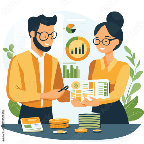 Business people managing finances, flat design, white background, concept of financial growth and management. Vector illustration, vector style simple color